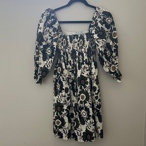 Floral Smocked Mini Dress with Puff Sleeves - Black & Off White